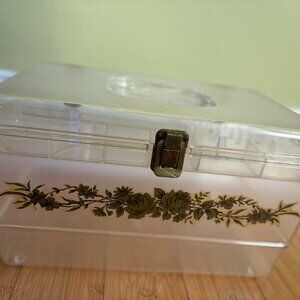 Vintage MCM Clear Gold Flower Sewing Plastic Organizing Box w/ Sewing Accesories